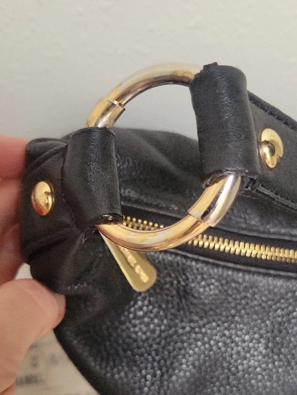 Michael Kors Black Pebbled Leather Shoulder Bag with Gold MK Emblem
